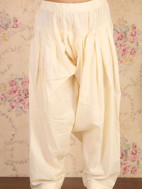 Girl's' White Floral Printed Linen Kurta And Cream Patiala Set